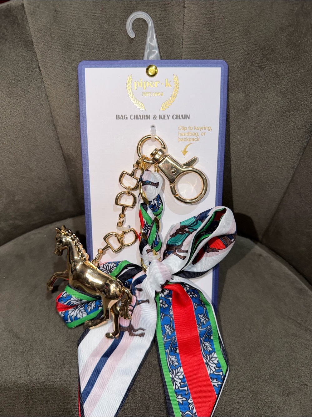 Piper•k Gold Horse Key & Bag Charm with Multicolor Scarf Accent